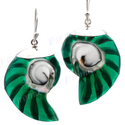 1 1/8" 925 Silver Nautilus Shell Green French Wires Earrings