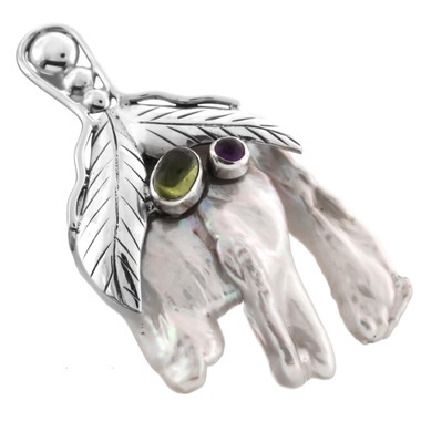 925 Silver Baroque Keshi Pearl Amethyst Peridot Sterling Pendant, 2 3/16"