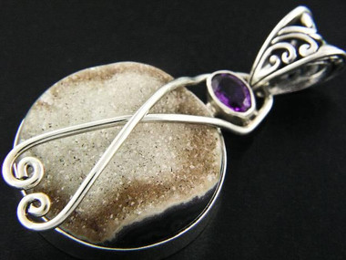 925 Silver Beautiful Druzy Drusy & Amethyst Gemstone Pendant, 1 1/4"