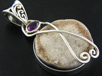 925 Silver Beautiful Druzy Drusy & Amethyst Gemstone Pendant, 1 1/4"