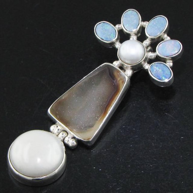 925 Silver Exquisite Biwa Pearls Druzy Drusy Opal Gems Pendant, 1 9/16"
