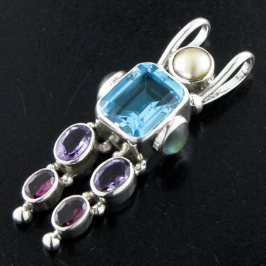 1 7/8" 925 Silver Blue Topaz Tourmaline Amethyst Pendant