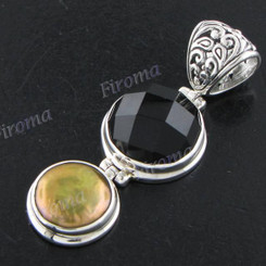 1 3/4" 925 Silver Onyx Biwa Pearl Pendant