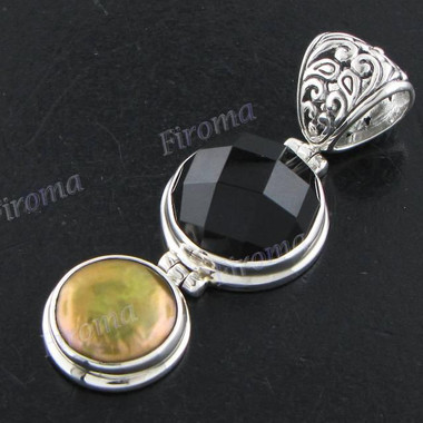 1 3/4" 925 Silver Onyx Biwa Pearl Pendant