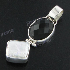 1 11/16" 925 Silver Onyx Biwa Pearl Pendant