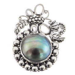 925 Silver Handmade South Pacific Blue Mabe Pearl Sterling Pendant, 1 7/16"