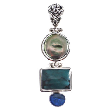 925 Silver Turquoise Natural Opal Biwa Sterling Pendant, 2 1/16"