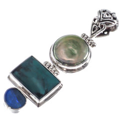 925 Silver Turquoise Natural Opal Biwa Sterling Pendant, 2 1/16"