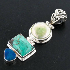 925 Silver Turquoise Natural Opal Biwa Sterling Pendant, 2 1/16"