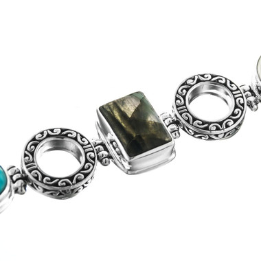 925 Silver Labradorite Turquoise Pearl  Moonstone Sterling Bracelet, 7"