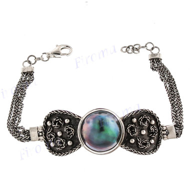 925 Silver Mabe Pearl Wheat Lobster 8 1/2" Lobster Claw Lock Chain Bracelet
