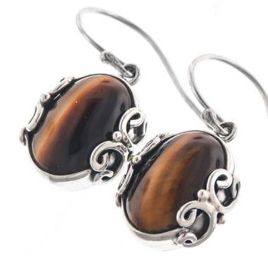 925 Sterling Silver Tiger Eye Sterling Earrings, 3/4"