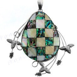 3 3/8" 925 Silver Mother Of Pearl Shell Paua Leaf Pendant