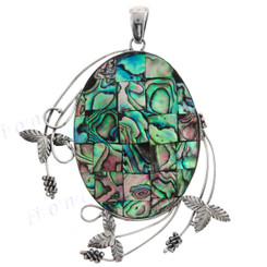 3 9/16" 925 Silver Paua Abalone Shell Leaf Oval Pendant