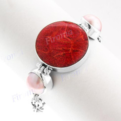 925 Silver Genuine Red Coral Pink Mabe Pearl 7" Bracelet