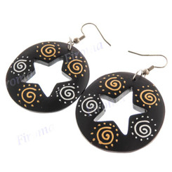 1 1/2" Wood Tribal Star French Hook Earrings
