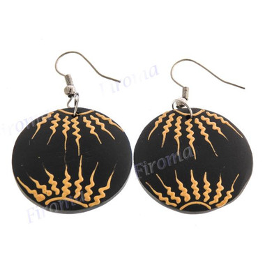 1 3/16" Wood Tribal Round French Hook Earrings