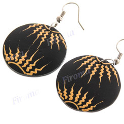1 3/16" Wood Tribal Round French Hook Earrings