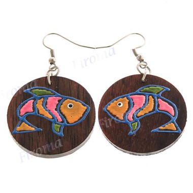 1 5/16" Wood Fish Round French Hook Earrings