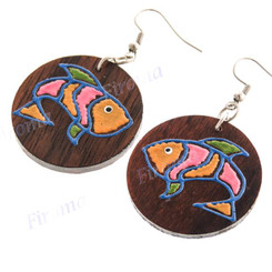 1 5/16" Wood Fish Round French Hook Earrings