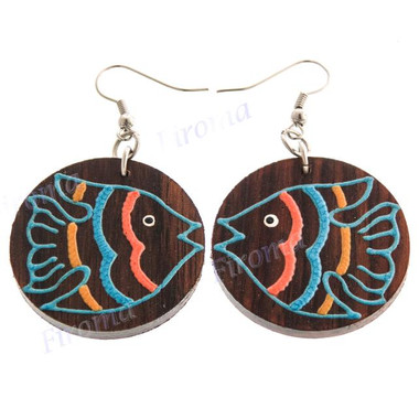 1 5/16" Wood Fish Round French Hook Earrings