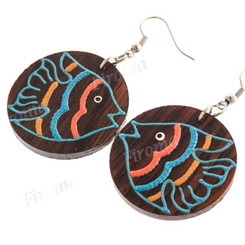 1 5/16" Wood Fish Round French Hook Earrings