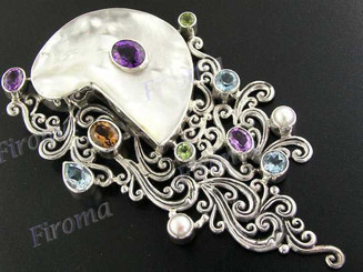 925 Silver Blue Topaz Peridot Amethyst Brooch