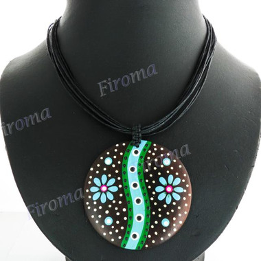 Wood Flower 18" Green White Wires Necklace Earring
