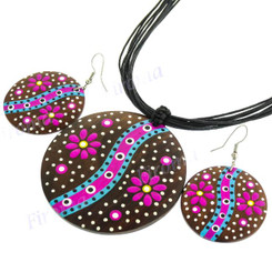 Wood Flower 18" Purple White Wires Necklace Earring