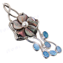 2 3/8" 925 Silver Opal Mother Of Pearl Flower Shell Pendant