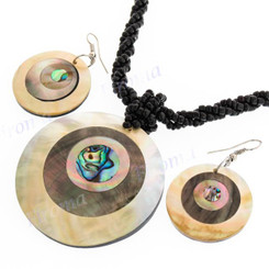 Mother Of Pearl Paua Abalone 17" Black Wires Necklace Earring