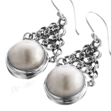 1 1/4" 925 Silver White Mabe Pearl French Wires Earrings