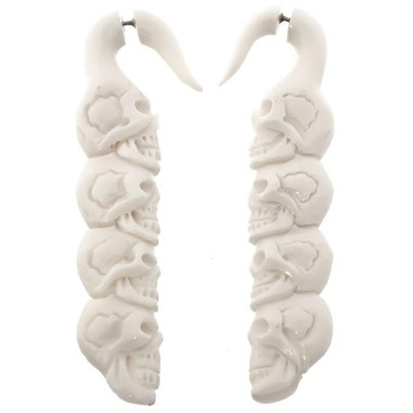 2 7/8" Buffalo Bone Carving Tribal Skull White Fake Gauge Post Earrings