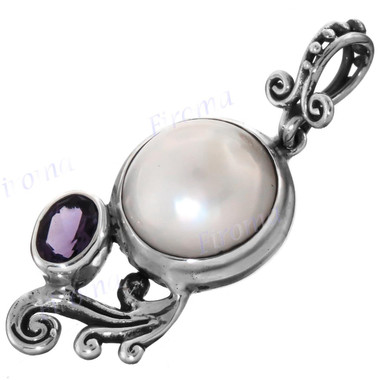 1 3/16" 925 Silver Amethyst White Mabe Pearl Pendant