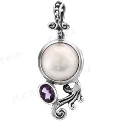 1 3/16" 925 Silver Amethyst White Mabe Pearl Pendant