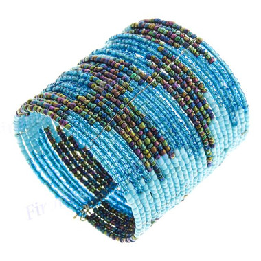 Glass Seed Beads 8" Turquoise Peacock Cuff Bracelet
