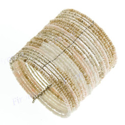 Glass Seed Beads 8" Silver Cream Cuff Bracelet