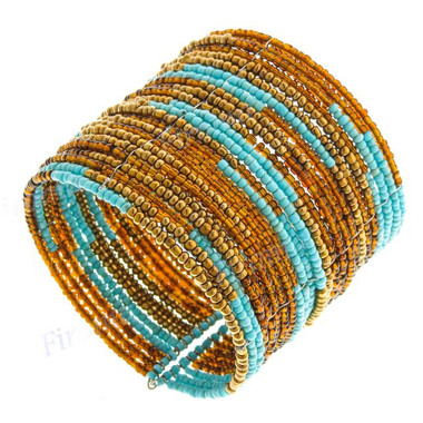 Glass Seed Beads 8" Turquoise Copper Cuff Bracelet