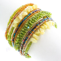Seed Beads Green Aventurine 7" Peacock Gold Bangle Bracelet