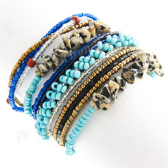 Seed Beads Jasper 7" Turquoise Copper Bangle Bracelet
