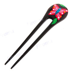 Wood Butterfly Brown Red Hairpin