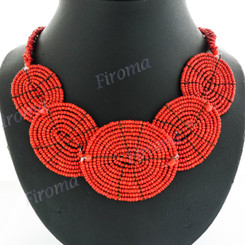 Seed Beads 24" Coral Red Necklace Pendant