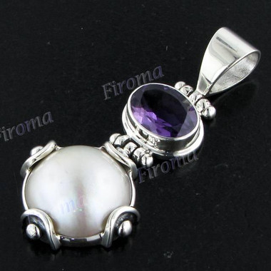 1 11/16" 925 Silver Amethyst White Mabe Pendant