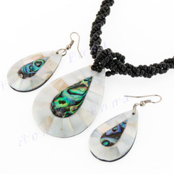 Mother Of Pearl Paua Abalone 18" Black Wires Necklace Earring