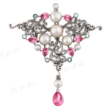 4 15/16" 925 Silver Blue Topaz Pink Quartz Mabe Pendant
