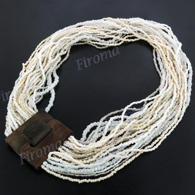 Seed Beads Bugle Buckle 18" Beige White Necklace Bead