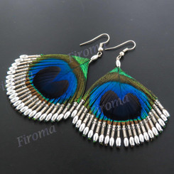 2 9/16" Peacock Feather Iridescent Silver French Earrings