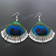 2 9/16" Peacock Feather Iridescent Silver French Earrings