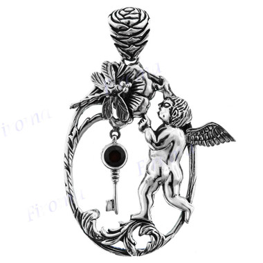 2 3/4" 925 Silver Garnet Flower Dragonfly Angel Pendant