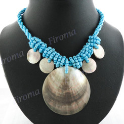 Blacklip Mother Of Pearl Glass Seed Beads Shell 17" Turquoise Blue Necklace